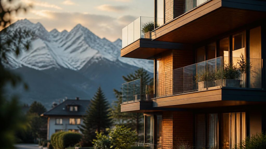 HOMETOME24 — plataforma suiza de inmobiliaria, mudanzas y hogar: casa moderna frente a los Alpes suizos al atardecer